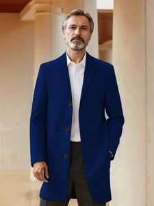 Classic dark blue business casual trench coat for men with a three-button lapel design