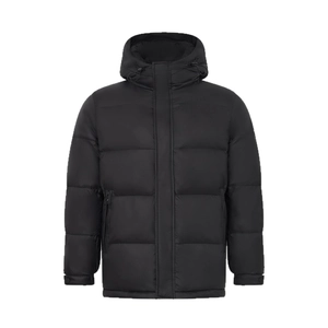 Men's black hooded winter down jacket with classic quilted design for windproof warmth