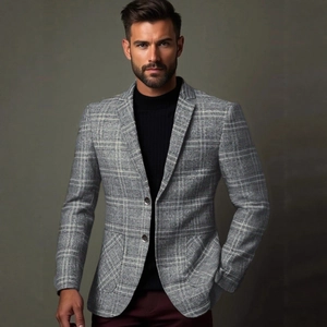 Men's slim fit grey plaid blazer with notch lapel for semi-formal business casual wear