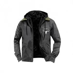 Men's Winter Hooded Jacket Thick Faux Fur Lined Warm Outerwear Windproof Casual Outdoor Coat With Bull Skull Print