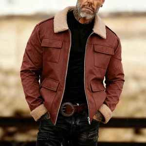 Men's vintage brick red fleece flight jacket with white sherpa collar and flap pockets
