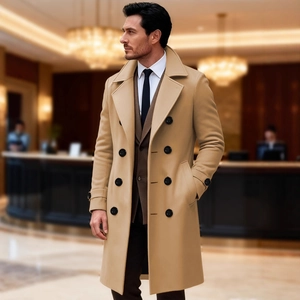 Classic camel double-breasted wool trench coat for men with a sophisticated business look