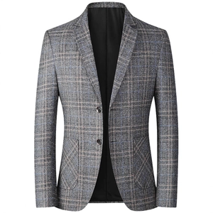 Formal grey plaid business casual suit blazer for men with a slim fit notched lapel design