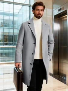 Classic light grey wool blend trench coat for men with a single-breasted lapel design