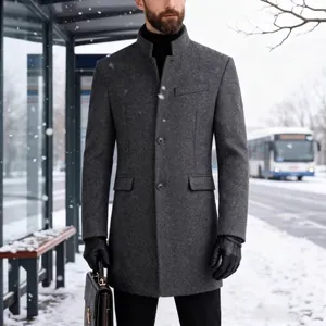 Men's Winter Slim Fit Wool Blend Overcoat With Stand Collar Stylish Mid Length Warm Jacket For Business Casual Daily Wear