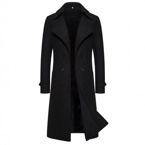 Classic black double-breasted wool trench coat for men featuring a professional notch lapel