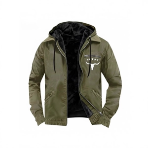 Men's army green hooded jacket with warm black fleece lining and bull skull print