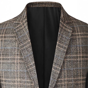 Men's business casual blazer featuring brown gray plaid texture and notched lapel
