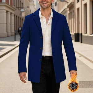 Men's slim fit dark blue wool blend trench coat with thermal heating feature