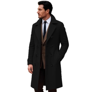 Men's black double-breasted wool trench coat with slim fit and elegant large lapel