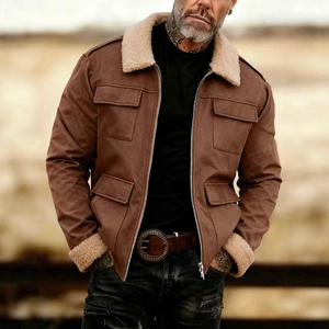Detail of brown faux suede workwear jacket featuring warm sherpa fleece collar and cuffs
