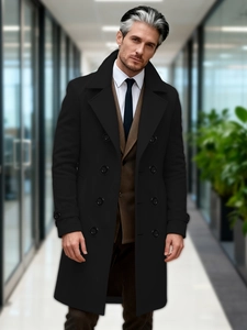 Classic men's double-breasted black wool blend trench coat in a professional business style