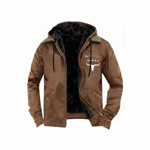 Men's brown hooded winter jacket with warm thick fleece lining and outdoor style