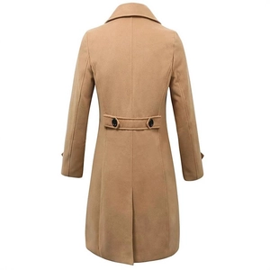 Classic camel wool-blend double-breasted long coat for men with elegant slim-fit back design
