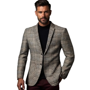 Men's business casual plaid blazer jacket with notch lapels and large patch pockets
