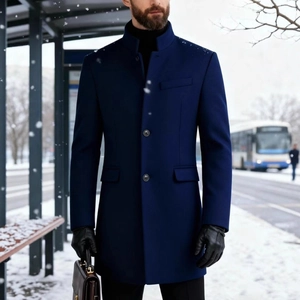 Slim fit navy blue men's wool blend business coat with stand collar for winter