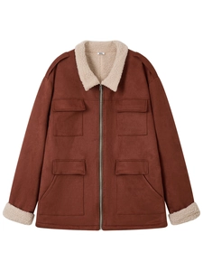 Detailed view of men's brown faux suede cargo jacket with warm fleece collar and cuffs