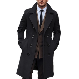 Classic black double-breasted wool overcoat for men in a long slim fit professional style