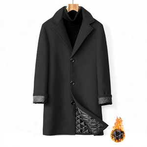Men's wool blend overcoat in black with classic notched collar and quilted lining
