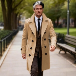 Classic camel wool trench coat for men featuring double-breasted design and large lapels