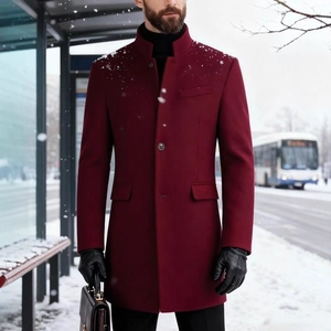 Men's slim burgundy wool overcoat with stand collar and flap pockets for winter