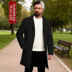 Men Business Casual Mid-length Overcoat Lapel Single-breasted Solid Color Polyester Trench Coat Slim Fit Outerwear