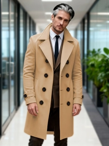 Classic camel double-breasted trench coat for men with elegant lapels and a business style