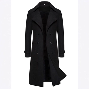 Classic men's black double-breasted wool coat with wide lapels and sleeve straps
