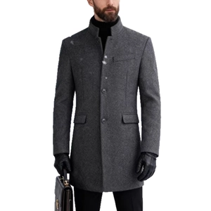 Slim fit men's dark grey wool blend overcoat with stand collar and single-breasted design