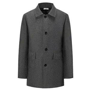 Mature men's grey mid-length wool blend overcoat with classic notched lapels and buttons
