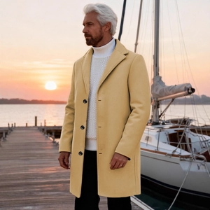 Mens yellow mid-length business casual wool coat with single-breasted buttons at sunset