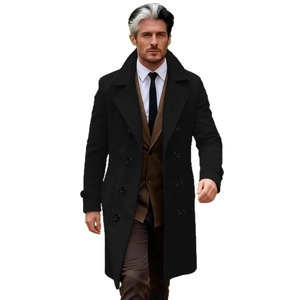 Men's double-breasted black wool blend trench coat with large lapel in business style