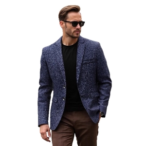 Men's navy blue casual blazer with notch lapels and dual-button design on white background