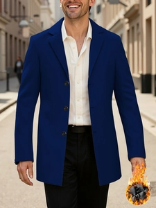 Men's royal blue slim fit wool coat with thermal quilted lining and lapel collar