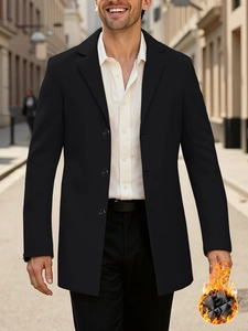 Slim fit men's black wool coat with single-breasted buttons and thermal lining feature