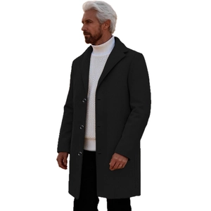 Men's business casual slim fit wool blend overcoat in solid black for autumn and winter
