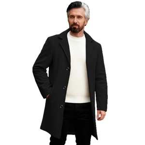 Classic black single-breasted wool coat for men with a sophisticated business casual design