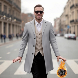 Manteau classique en laine gris clair pour homme, coupe mi-longue et doublure chaude