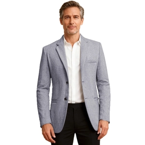 Men's herringbone business casual suit jacket in light grey-blue with a classic fit