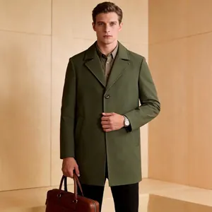 Classic olive green single-breasted trench coat for men in a professional business style