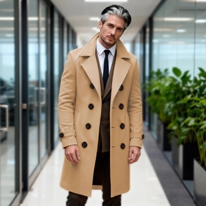 Classic camel double-breasted trench coat for men with peaked lapels and slim fit design