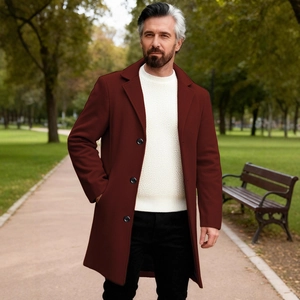 Men's burgundy single-breasted wool overcoat in a stylish mid-length business casual design