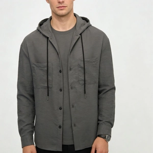 Classic dark grey men's hooded long sleeve casual shirt jacket with breast pockets