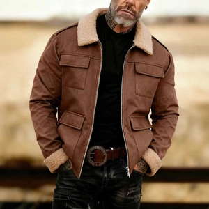 Men's retro winter outdoor bomber jacket with brown suede and fleece shearling collar