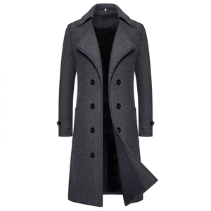 Classic men's double-breasted wool trench coat in charcoal grey with wide lapels