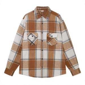 Classic men's long sleeve plaid flannel shirt in brown and grey check with chest pockets