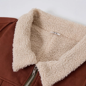 Men's vintage brown suede jacket with faux shearling collar and metallic zipper