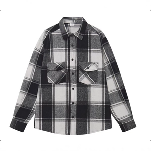 Classic black and white plaid flannel long sleeve shirt with double chest pockets