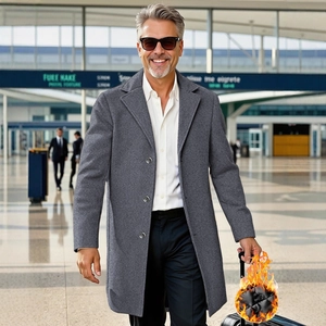 Men's dark grey wool blend single-breasted overcoat in a stylish business casual style