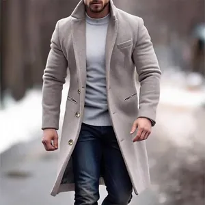 Cappotto da Uomo in Lana Stile Britannico Lunghezza Media Caldo Monopetto Trench con Bottoni in Metallo Abbigliamento Business Casual